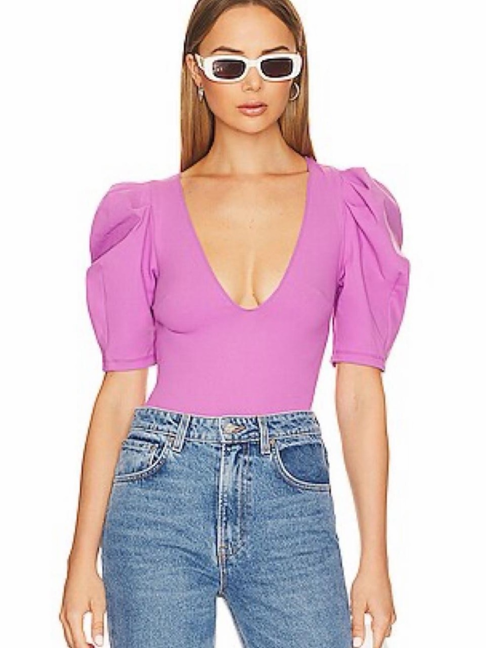 Women’s Puff-Sleeve V-Neck Top in Purple